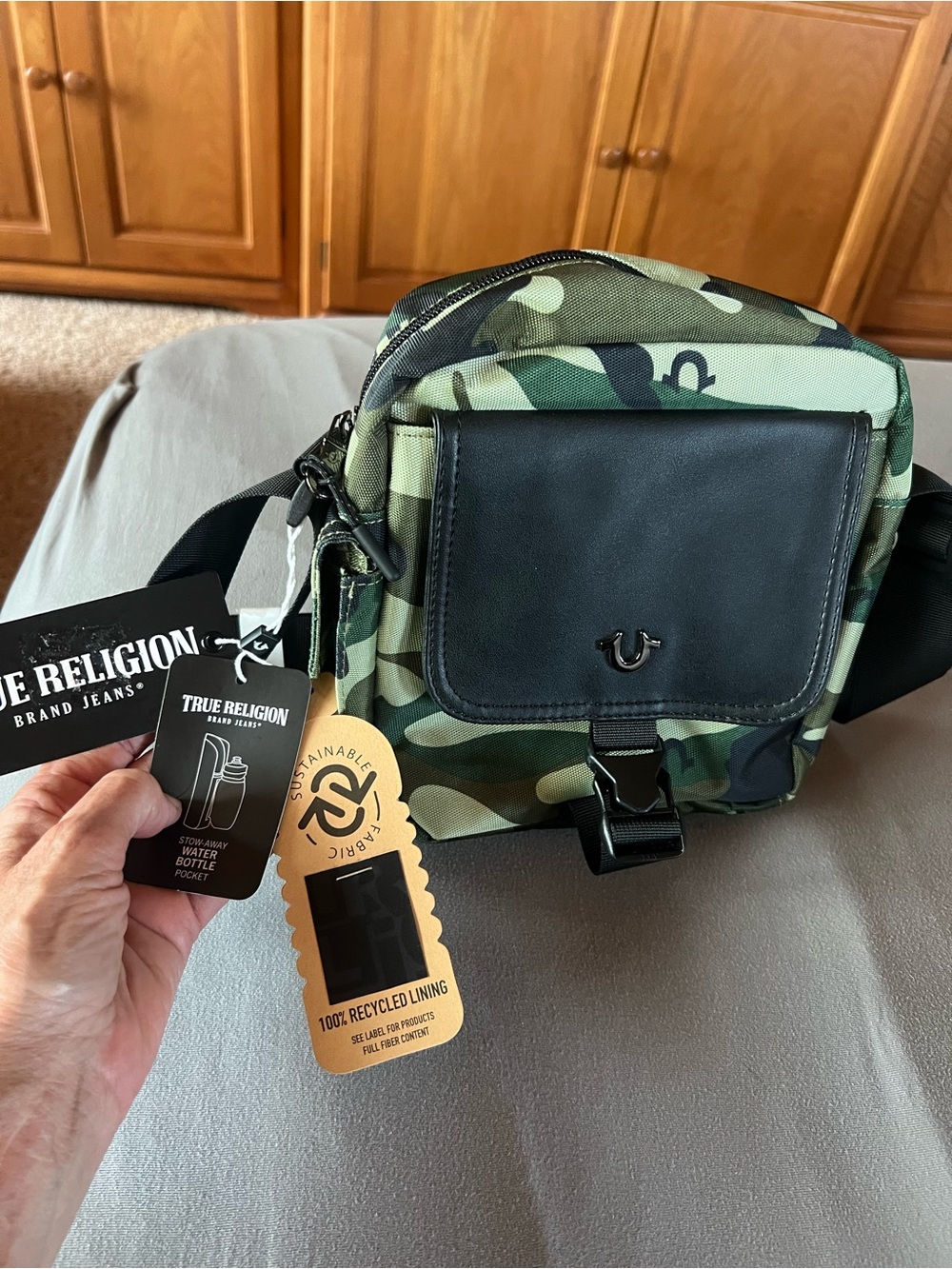 True Religion Camo Recycled With Water Bottle Pocket Backpack, Adjust Strap, new